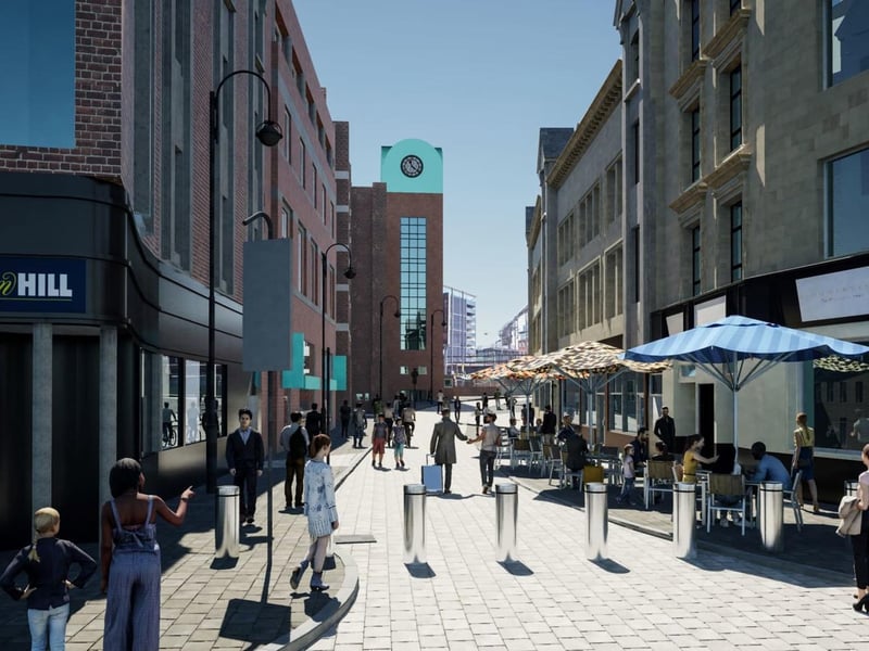The view from Boar Lane. This street being pedestrianised would mean businesses like Laynes Espresso and Friends of Ham can have outdoor seating area.