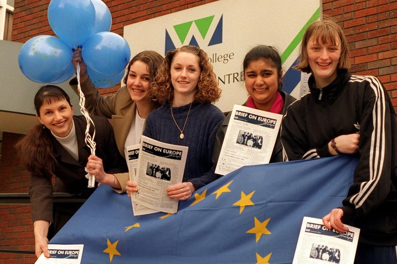 Staff and students joined to celebrate 'Euro Week' at Wakefield College in March 1997.Pictured, from left, is College finance manager Christine Middlebrook with students Christina Procter, Liz Schofield, Neheeda Khan and Claire Cooper.