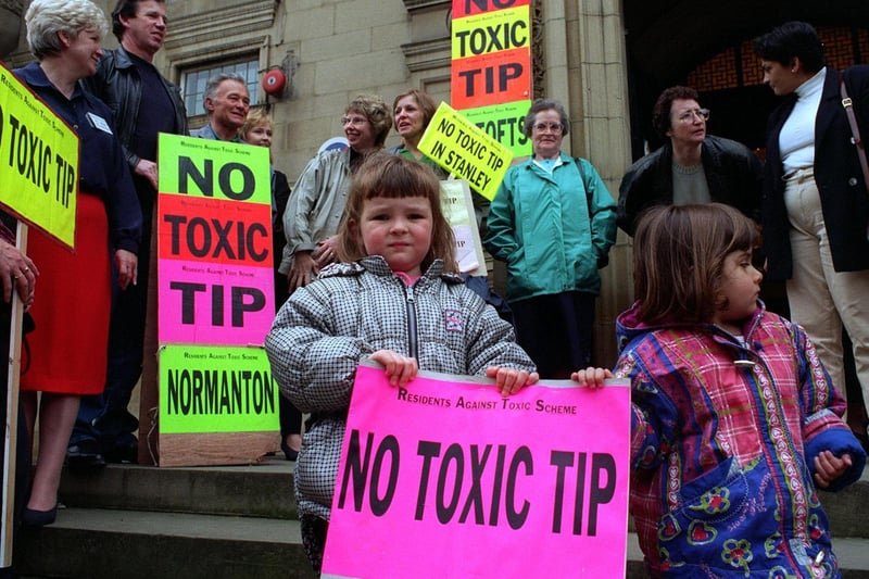 Residents Against Toxic Scheme staged a protest at Wakefield Town Hall in  May 1997. Pictured in the foreground are Amy Winn and Michaela Eskriett.