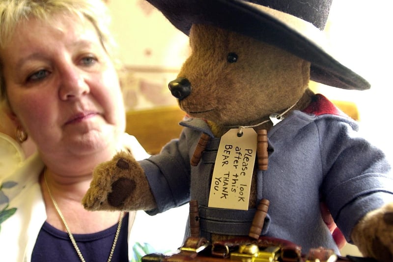 This Paddington Bear was on sale in Leeds with a £450 price tag. He is pictured with Maureen Briggs, owner of Teddy & Co.