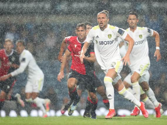 BATTLING THE ELEMENTS: Luke Ayling, front, soldiers on through an almighty downpour as Leeds United defend a corner in Wednesday's pre-season friendly against Blackburn Rovers at Ewood Park. Photo by Lewis Storey/Getty Images.