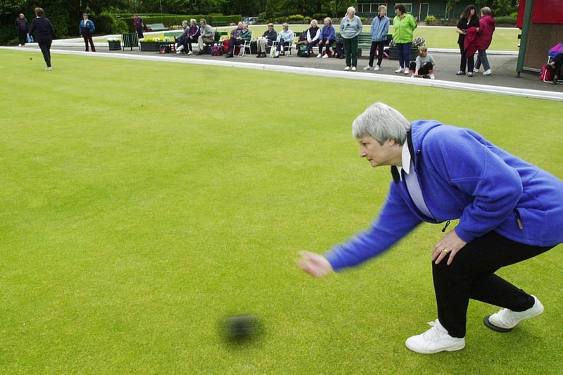Pauline Crabtree playing in the Ladies Pairs bowls competition at Holbeck Moor Bowling Club in May 2000.