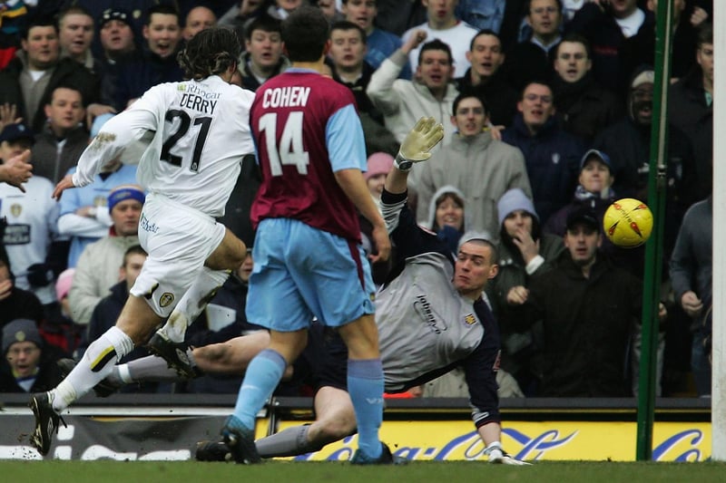 Shaun Derry lifts the ball over West Ham United goalkeeper Stephen Bywater to score the winner during the Championship clash at Elland Road in February 2005.