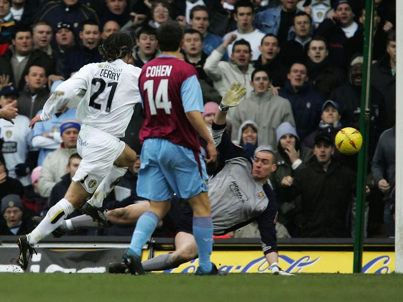 Shaun Derry lifts the ball over West Ham United goalkeeper Stephen Bywater to score the winner during the Championship clash at Elland Road in February 2005.
