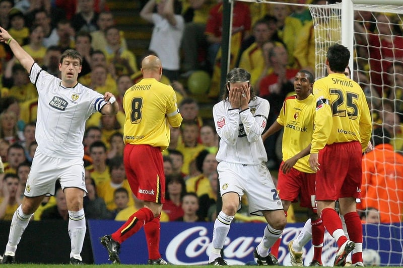 Shaun Derry holds his head in his hands after seeing his shot go agonisingly wide during the Championship play-off final against Watford at the Millennium Stadium in May 2006.