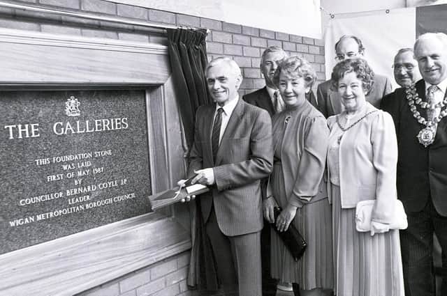 Councillor Bernard Coyle at the laying of the foundation stone for The Galleries Shopping Centre Wigan 1987