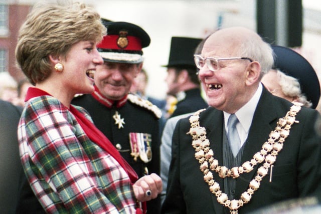Princess Diana shares a joke with Wigan Mayor, Coun. John Horrocks, during her visit on Monday 25th of November 1991 to open The Galleries shopping centre, Wigan.