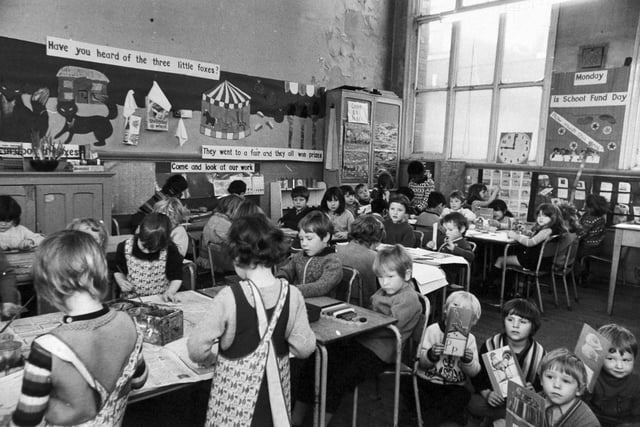 One of the crowded classrooms in the infants department at Armley's Castleton Primary in January 1974. Paint was peeling from the walls.