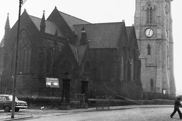 St. Mary's Church in Hunslet pictured in February 1974. Blackened by more than a century's grime it was soon to be demolished. The clock tower was remain to become part of a new parish church.