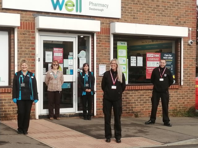 In total, firefighters from 11 of NFRSs on-call fire stations have been called on to assist in the deliveries. Support has also been provided by wholetime crews and members of NFRSs Home Safety Team. On-call firefighters Louise Dalglish (centre) and Ian Jarvis (far right) with the team from Well Pharmacy in Desborough