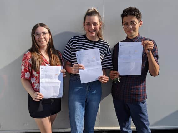 HSDC College students celebrating their results Lucy Dunning, Isabelle Hall and Thomas Heasman