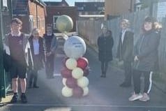 Pupils at The Globe Primary Academy found a balloon tower on their return on Monday