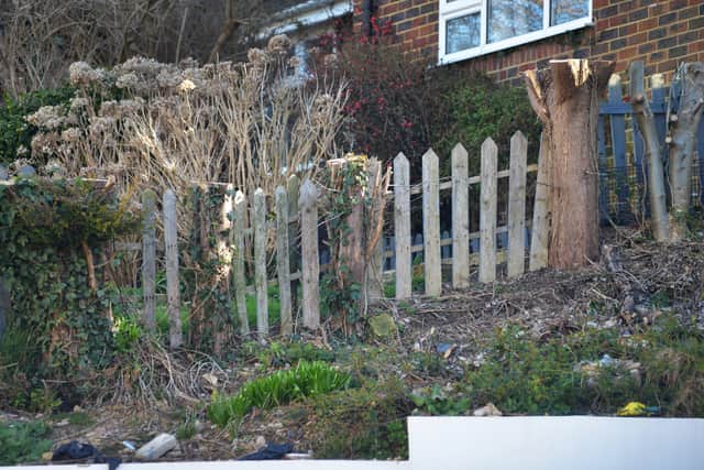 Tina Stavri's conifers have been felled without her knowing while she's been in France. Photo shows where the conifers used to be in front of her property in Amherst Road, Bexhill. SUS-210903-104119001