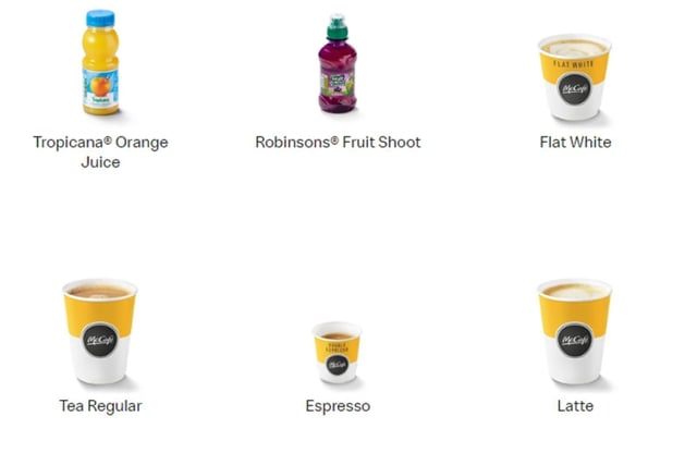Tropicana Orange Juice, Robinson's Fruit Shoot, Flat White, Tea, Espresso and Latte are available