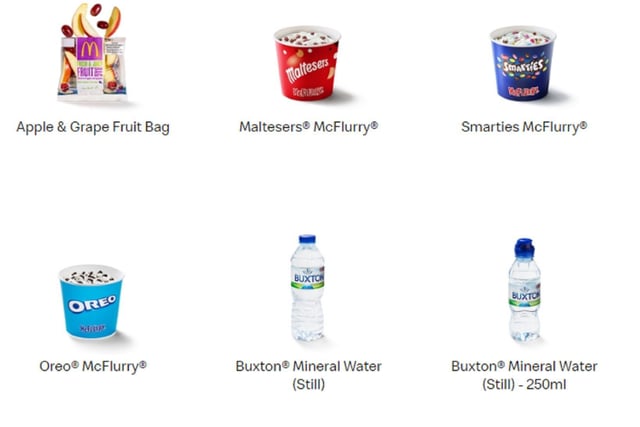 Fruit bag, three flavour McFlurry ice creams, and both the large and small mineral waters return
