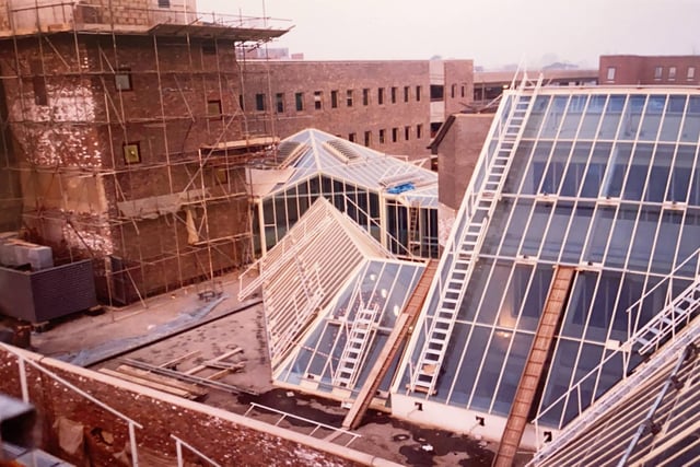 An aerial view of the new glazed roof in place in Horsham's shopping centre in 1989
