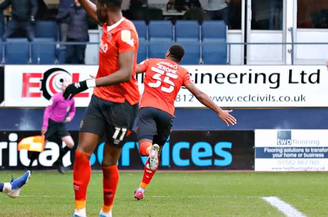 Cameron Jerome wheels away after scoring his first Championship goal for Luton at the weekend