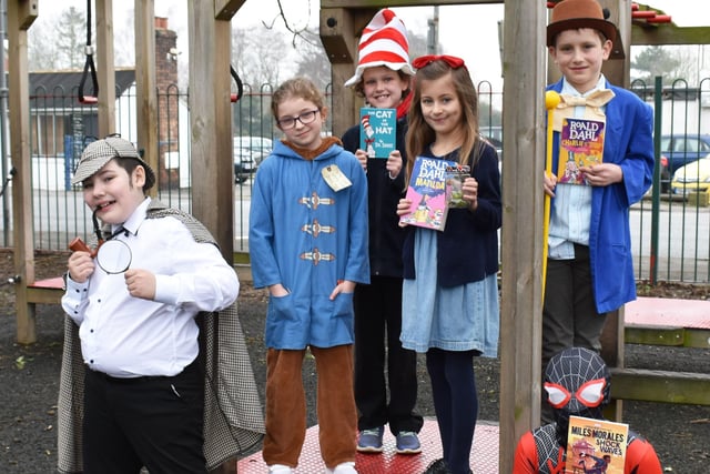 Gosberton Academy pupils dressed as Sherlock Holmes, Paddington Bear, The Cat in the Hat, Matilda, Willy Wonka and Spiderman.