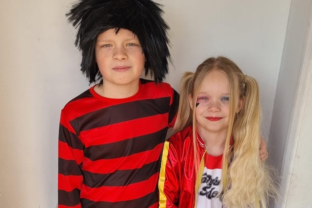 Kirton Primary School pupils Ronnie and Louise dressed as Dennis the Menace and Harley Quinn.