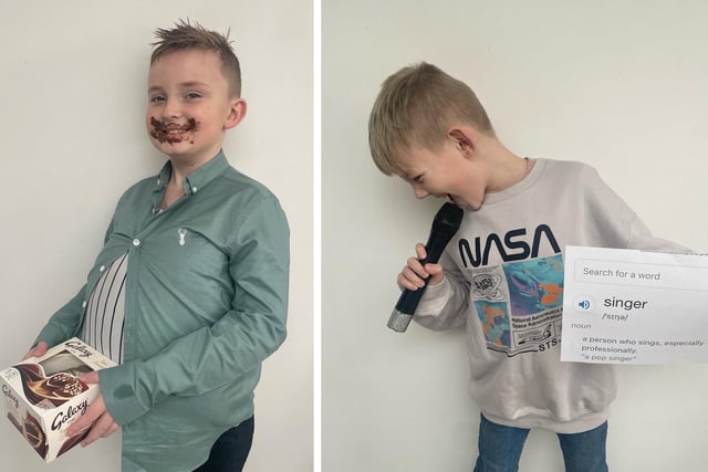 Sam Beeson sent us these photos of her sons. Riley 10, had to be a word from the dictionary and chose 'singer'. Connor, 8, chose to be the Roald Dahl character Bruce Bogtrotter.