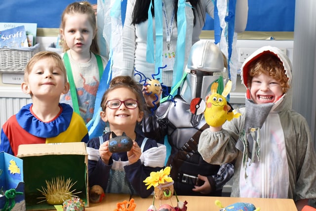 Costumes at Fishtoft Academy included a smiling shark, and the Mandalorian from the Star Wars franchise.