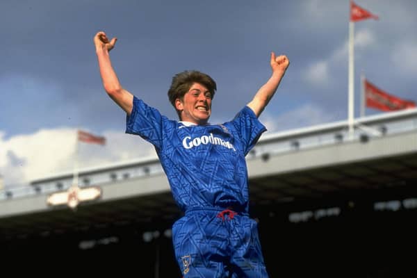 Darren Anderton celebrates after putting Pompey ahead against Liverpool in the 1992 FA Cup semi-final at Highbury