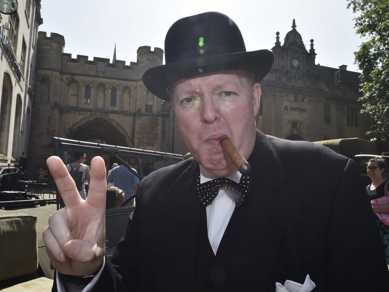 Armed Forces Day parade and inspection at the City Centre. Winston Churchill look-a-like Steve McTigue. EMN-190629-232546009