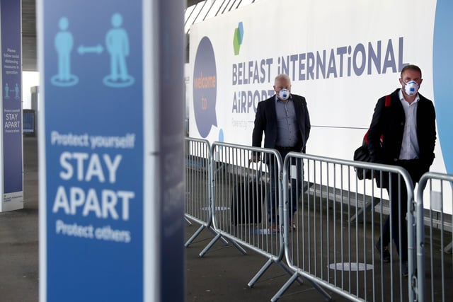 PACEMAKER, BELFAST, 15/6/2020: Passengers arrive at Belfast International airport this morning for the first domestic flight to leave the airport since it was shut down after Coronavirus restrictions were put in place