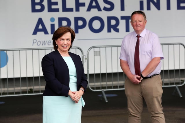 Press Eye - Belfast - Northern Ireland - 15th June 2020 -  

Economy Minister Diane Dodds and  managing director Graham Keddie at Belfast International Airport as  passenger flights resume