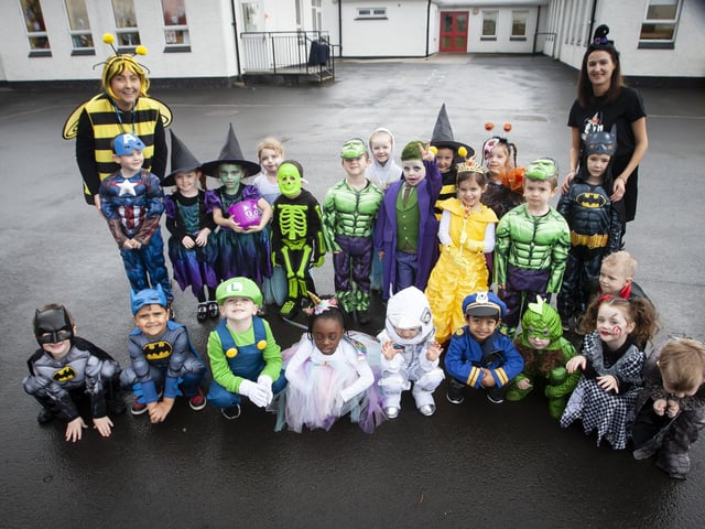 Mrs. White with her P1 class at Hollybush on Wednesday. On left is Principal, Mrs. Teresa Duggan.