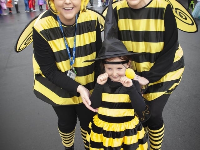 Plenty of buzzing around at Hollybush on Wednesday with Principal Mrs. Teresa Duggan, teacher Mrs. Houston and P1 pupil Ellen Devine. (Photos: JIm McCafferty Photography)