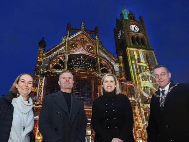 The Mayor of Derry, Alderman Graham Warke with Aeidin McCarter, Head of Culture, Derry City and Strabane District Council, Ciaran Doherty, Tourism NI and Pauline Campbell, Depart for Communities, at the launch of Illuminate Derry.