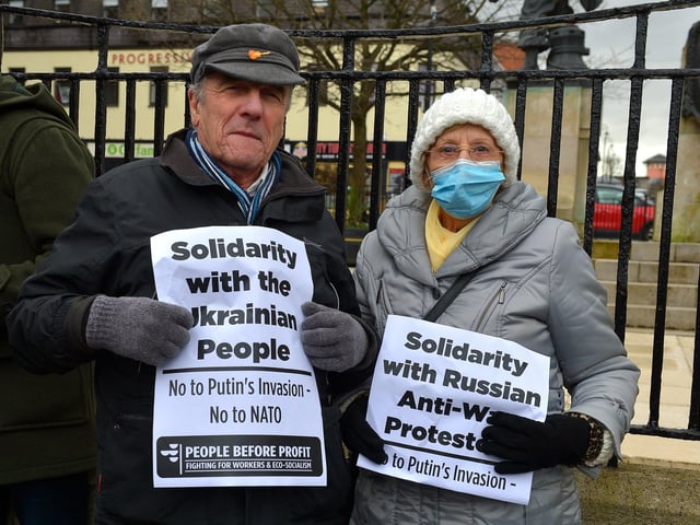 Protesters who attended the Derry Anti-War Coalition’s ‘No to War - Oppose Putin’s Invasion - Stop NATO expansion’ rally at the Diamond on Saturday afternoon last. Photo: George Sweeney. DER2208GS – 105