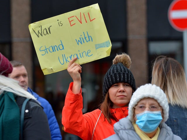 Demonstrator with placard at the Derry Anti-War Coalition’s ‘No to War - Oppose Putin’s Invasion - Stop NATO expansion’ rally at the Diamond on Saturday afternoon last. Photo: George Sweeney.  DER2208GS – 106
