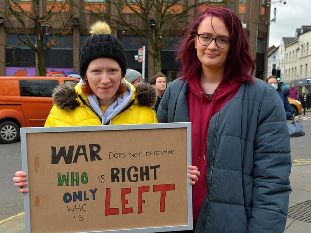 People attend the Derry Anti-War Coalition’s ‘No to War - Oppose Putin’s Invasion - Stop NATO expansion’ rally at the Diamond on Saturday afternoon last. Photo: George Sweeney. DER2208GS – 101