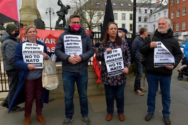 Some of the attendance at the Derry Anti-War Coalition’s ‘No to War - Oppose Putin’s Invasion - Stop NATO expansion’ rally at the Diamond on Saturday afternoon last. Photo: George Sweeney.  DER2208GS – 103