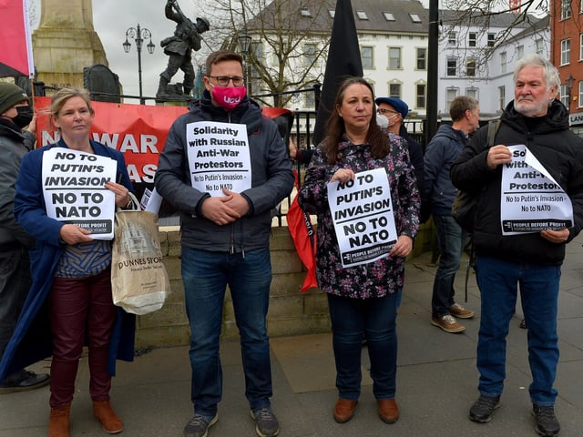 Some of the attendance at the Derry Anti-War Coalition’s ‘No to War - Oppose Putin’s Invasion - Stop NATO expansion’ rally at the Diamond on Saturday afternoon last. Photo: George Sweeney. DER2208GS – 103