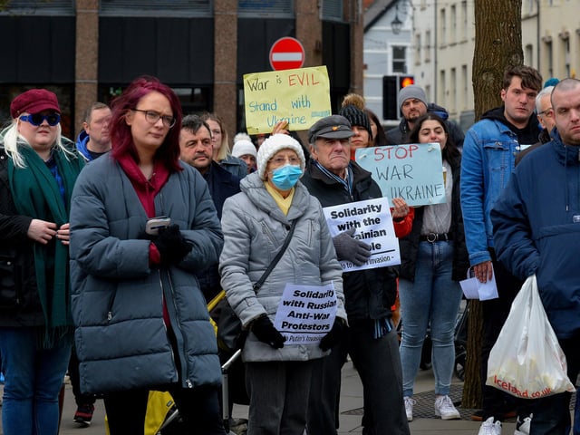 People attend the Derry Anti-War Coalition’s ‘No to War - Oppose Putin’s Invasion - Stop NATO expansion’ rally at the Diamond on Saturday afternoon last. Photo: George Sweeney.  DER2208GS – 108