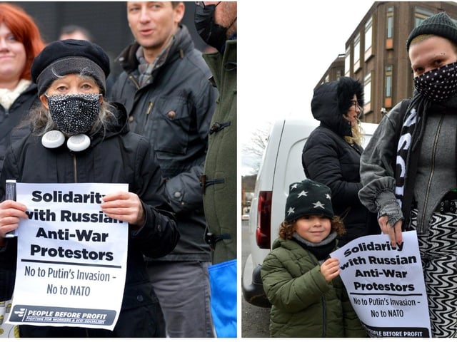 LEFT: Protestor at the Derry Anti-War Coalition’s ‘No to War - Oppose Putin’s Invasion - Stop NATO expansion’ rally at the Diamond on Saturday afternoon last. Photo: George Sweeney. DER2208GS – 107
RIGHT: Protesters who attended the Derry Anti-War Coalition’s ‘No to War - Oppose Putin’s Invasion - Stop NATO expansion’ rally at the Diamond on Saturday afternoon last. Photo: George Sweeney. DER2208GS – 102
