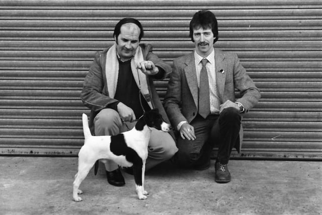 Bankend Serene, owned by Daniel and Donal Kearney, Grafton Street, Derry, winner of the Limit Dog Smooth Fox Terrier Class at Cruft’s. In picture are Bob Barron, who prepared and handled Bankend Serene for the show, and Donal Kearney, joint owner.