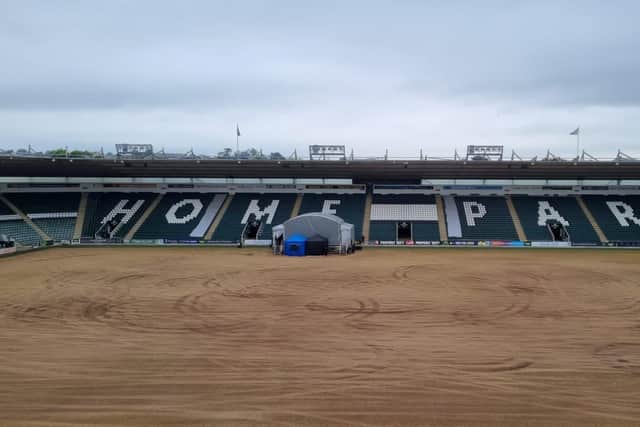 Plymouth Argyle's pitch had been undergoing post-season work before a stolen tractor caused 'mindless destruction'. Picture: Plymouth Argyle FC/SWNS
