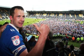 Michael Doyle celebrates promotion with Pompey at Notts County in April 2017.