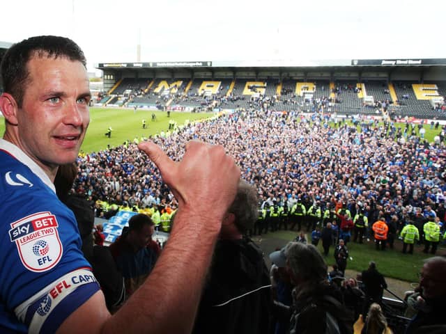 Michael Doyle celebrates promotion with Pompey at Notts County in April 2017.