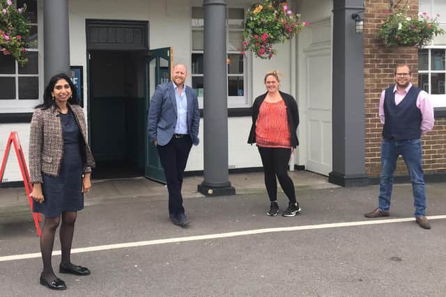 Fareham MP Suella Braverman, Steve McInerney, Chloe Armstrong, and Scott Armstrong at Wicor Mill in Portchester.