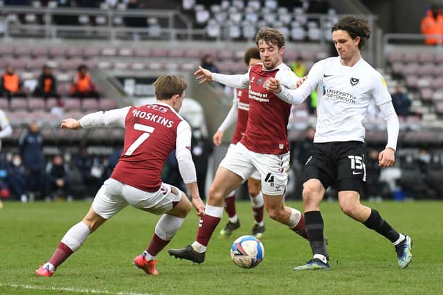 Rasmus Nicolaisen and his Pompey team-mates had a torrid time in the opening 45 minute against Northampton. Picture: Dennis Goodwin/ProSportsImages