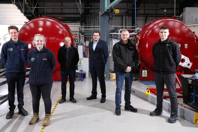 From left, Tom Robinson, Ellie Hamilton, team manager composites at BAE Systems Richard Swain, automotve projects manager at Formaplex Ryan Cox, Casey Keates and Ed Jupp. Formaplex, where apprentices in conjunction with those from BAE Systems and Williams Advanced Engineering have made sit skis for Britain's Nordic skiing Paralympic team
Picture: Chris Moorhouse   (jpns 241121-09)