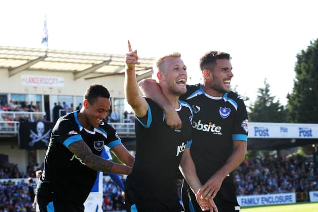 Jayden Stockley scores for Pompey at Bristol Rovers in 2015