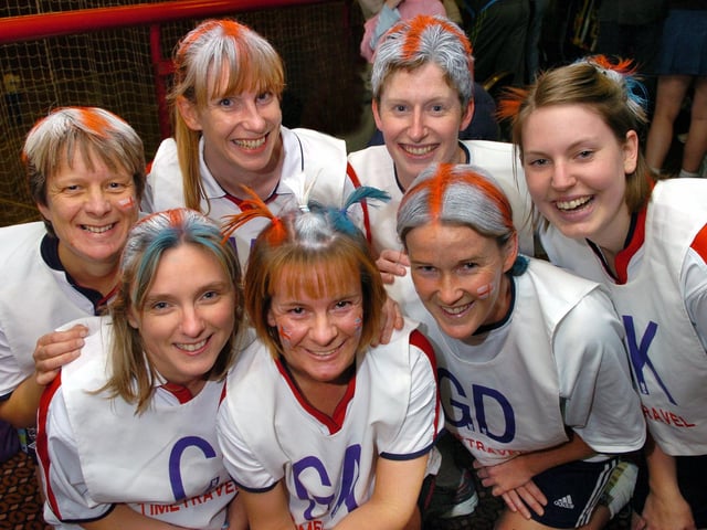 The Time Travel team, who played in Division Two of the Portsmouth Tuesday League in 2004, take part in that year's BBC Children in Need Tournament at the Mountbatten Sports Centre.