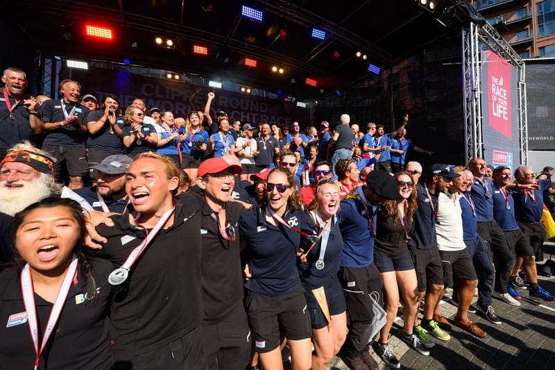 89 crew members who circumnavigate the world, many of which had never sailed before, celebrate their incredible achievement.Picture: Keith Woodland (270721-260)