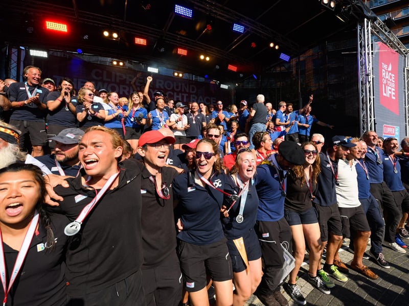 89 crew members who circumnavigate the world, many of which had never sailed before, celebrate their incredible achievement.Picture: Keith Woodland (270721-260)